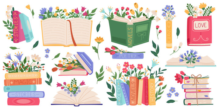 Books with flowers. Beautiful literary volumes, spring mood, romance novels and poetry, blossom plants, knowledge seeds, education botanical elements, cartoon flat isolated recent vector set