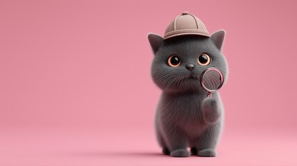 3D illustration of a fluffy dark grey kitten wearing a detective hat and holding a magnifying glass on a pink background. Perfect for mystery-themed designs, kids&rsquo; books, or pet branding.