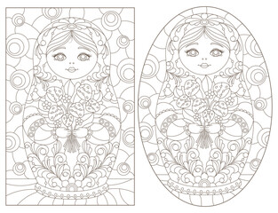 A set of contour illustrations in the style of stained glass with Russian dolls, dark contours on a white background