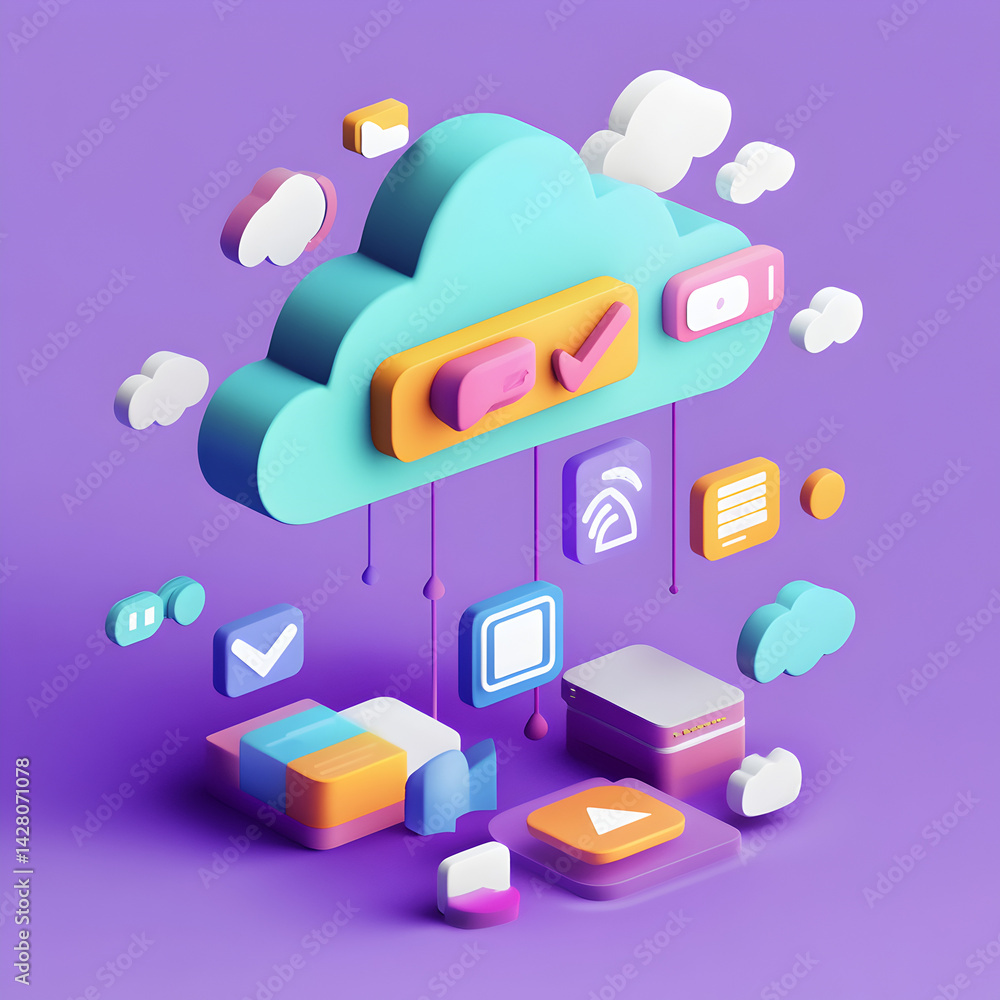 Poster digital cloud computing illustration: an innovative depiction of cloud computing, featuring a styliz