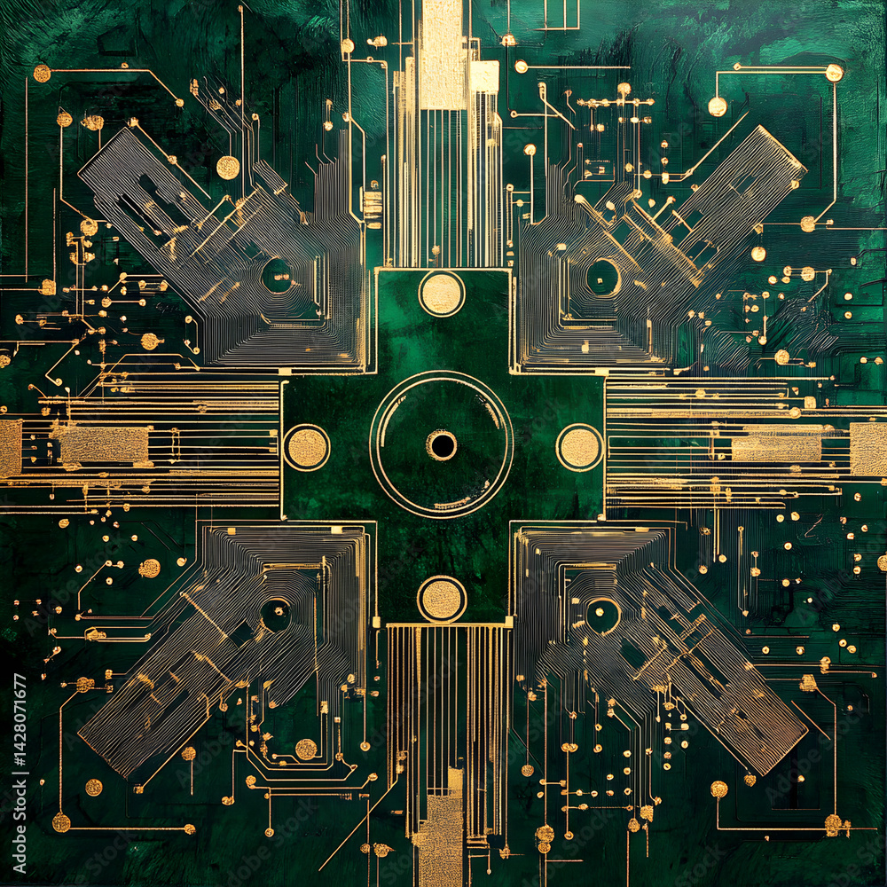Poster abstract circuitry: a close-up view of a complex, abstract circuit board with intricate patterns and