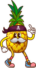 Cartoon groovy pineapple pirate and corsair fruit character wearing a skull bandana and retro hippie sneakers, pointing finger up gesture. Vector joyful and adventurous mustached Caribbean rover fruit