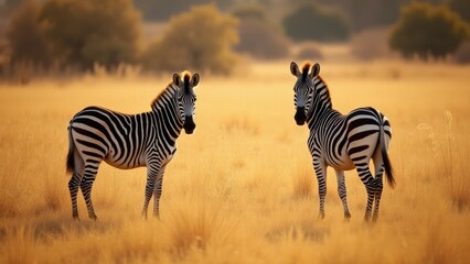 Naklejka premium Two Zebras Standing in Savannah Grassland