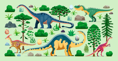 Cartoon prehistoric dinosaurs and dino lizards in Jurassic era forest, vector characters. Prehistoric extinct animals and reptiles or dinosaur egg in jungles for kids atlas book or paleontology museum © Vector Tradition