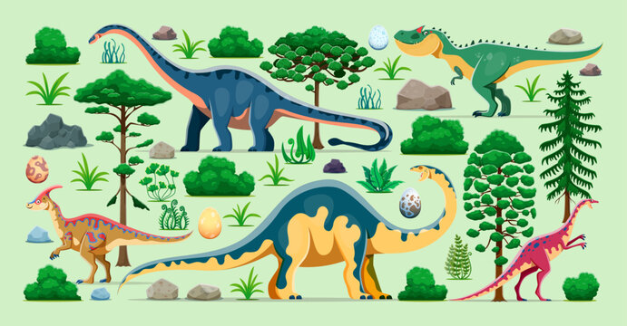 Cartoon prehistoric dinosaurs and dino lizards in Jurassic era forest, vector characters. Prehistoric extinct animals and reptiles or dinosaur egg in jungles for kids atlas book or paleontology museum