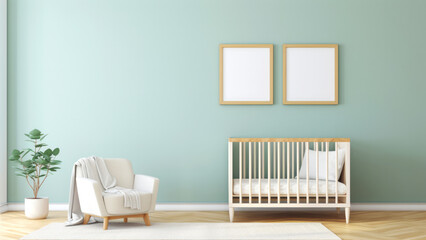 Minimalist nursery interior with crib and armchair in pastel green room