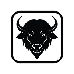 Silhouette art illustration of a bison head logo in square badge design.eps
