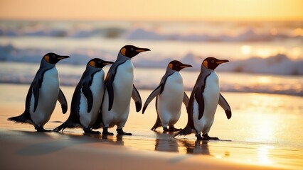 Obraz premium King Penguins Walking On Shoreline At Sunset