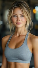 Fototapeta premium Confident woman smiling, radiating health and strength, with a blurred gym background.