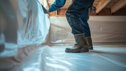 Worker laying polythene sheeting on the floor of an unfinished house, wearing work boots and black cargo pants, captured crouching in a close-up, low-angle, 