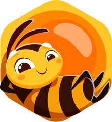 Fototapeta premium Honey bee character relaxing inside a shiny honey drop with a hexagonal comb shape. Isolated cartoon vector cheerful bee personage for children book, apiary production packaging or beekeeping branding