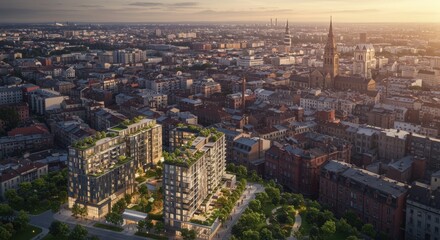 Obraz premium Aerial View of Modern Architecture in Gdansk Poland at Sunset Golden Hour Cityscape