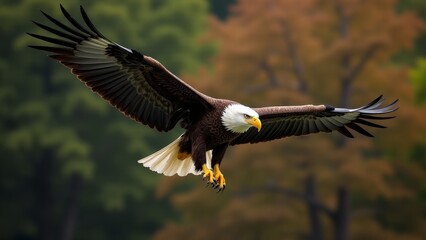 Obraz premium Bald Eagle In Flight Against Trees