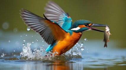 Kingfisher Catching Fish, Water Splash Action