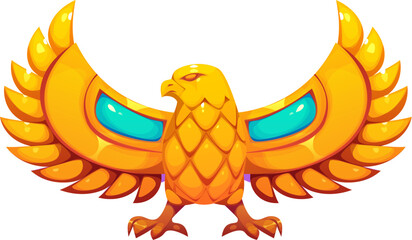 Cartoon golden falcon with outstretched wings inspired by ancient Egyptian mythology. Egypt game icon, treasure asset. Vector majestic Horus bird symbolizing power, divinity, and protection in Egypt