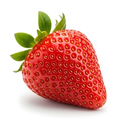Single Fresh Red Strawberry with Green Leaves Isolated on White Background