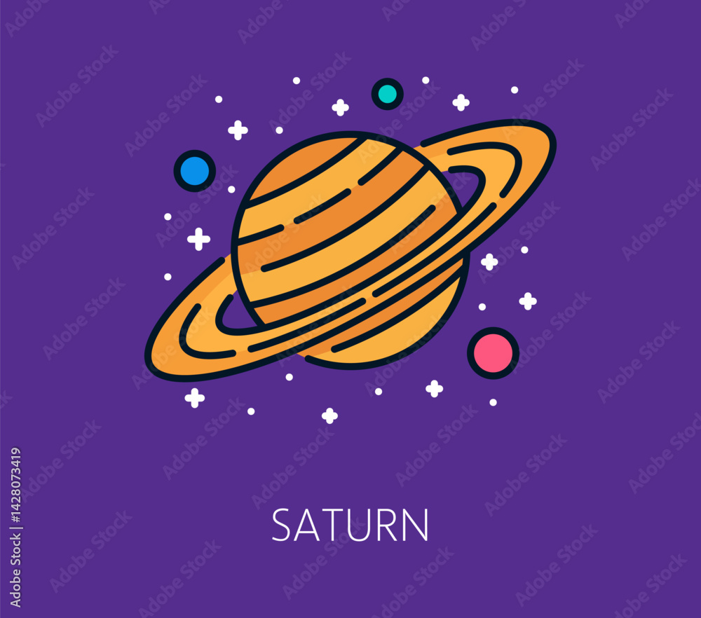 Poster space planet saturn planet color thin line icon. astronomy flight line icon, galaxy outerspace resea