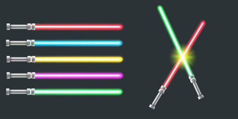 Red, blue, green, pink and yellow laser sword lightsaber set isolated on grey galaxy background. May the 4th be with vector illustration with neon glowing lighting sword. Star wars day poster