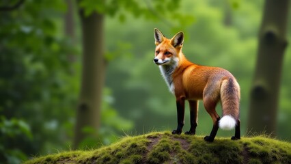 Obraz premium Red Fox Stands Atop Mossy Knoll