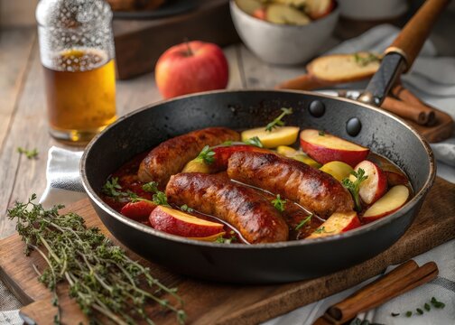 pof sausages cooking on stove, surrounded by various fruits and vegetables.