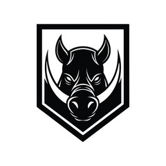 Silhouette art illustration of a rhino head logo in rectangular badge.eps