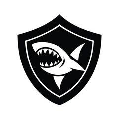 Silhouette art illustration of a shark head logo in shield badge.eps