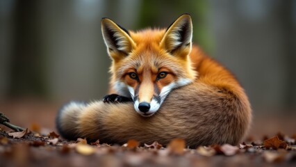 Obraz premium Red Fox Curled Up In Autumn