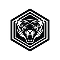 Silhouette art illustration of a tiger head logo in hexagonal frame.eps