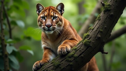 Cougar Resting on Branch, Close Up