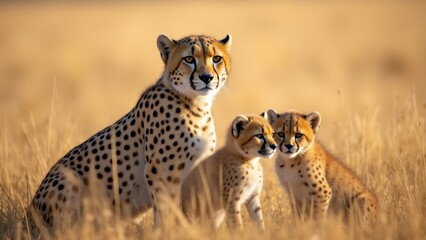 Obraz premium Cheetah Mother With Cubs In Savannah