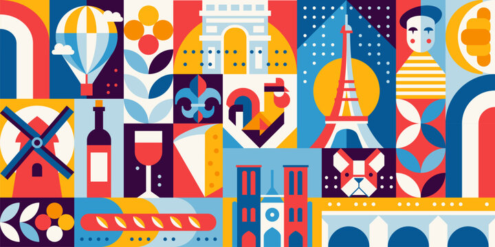 Geometric France pattern. Vector background representing French culture with icons like the Eiffel tower, arc de triumphed, wine, baguette, cheese and hot air balloon, rooster, Notre dame, windmill