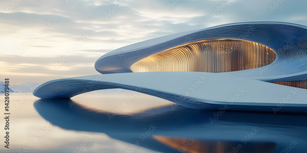 Aufkleber 水面に浮かぶ未来的な建築デザイン 白と青の幾何学的な建物 夕焼け時の美しい光と影の反射