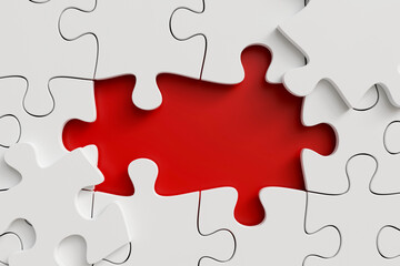 Obraz premium white jigsaw with missing two piece on red background, business and teamwork concept, copy space, 3d render