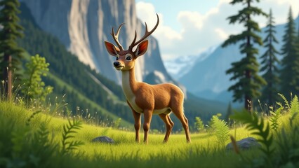 Fototapeta premium Deer Standing In Grassy Mountain Meadow