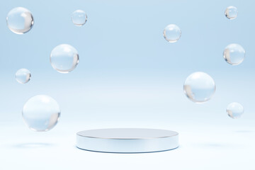 White podium with air bubbles on blue water surface, showcase product, soap spheres or water drops for product ad presentation cosmetics, 3d render