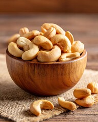 A wooden bowl filled with delicious, roasted cashew nuts, perfect for snacking.