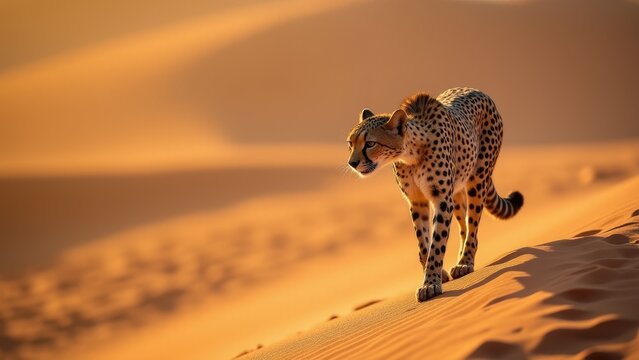 Cheetah Walking Across Sand Dunes, Namibia