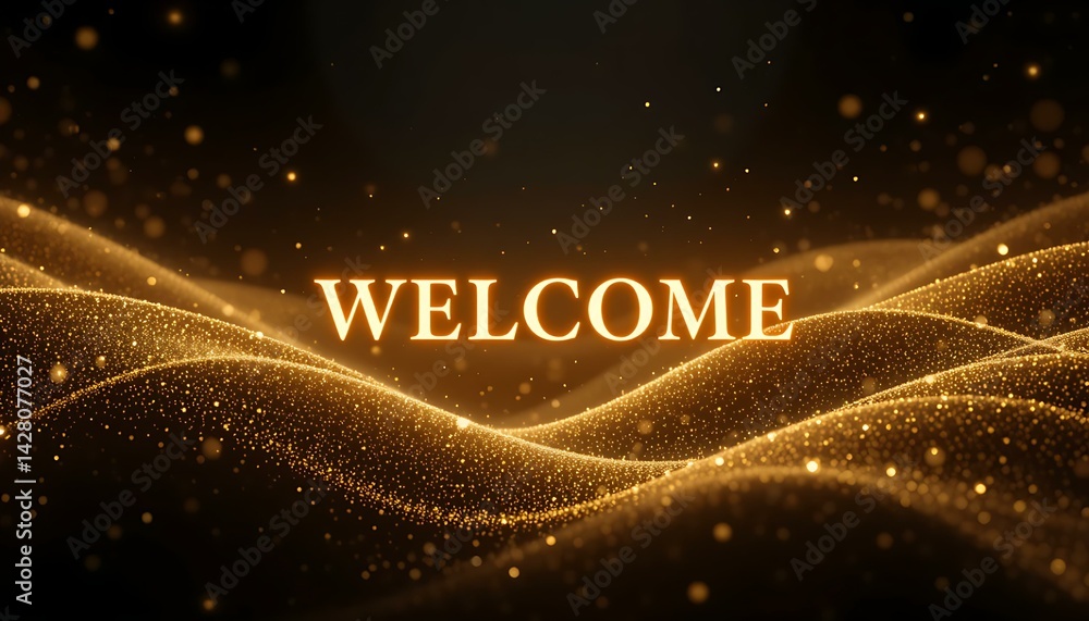 Poster abstract glowing gold particle wave with welcome text. digital stream of shimmering particles, luxur