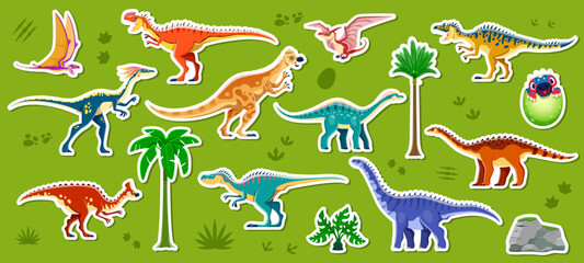 Prehistoric dinosaur and reptile stickers set. Vector patches pack with dino species and elements like trees and rocks. Playful stickers for children educational activities, game, scrapbook hobbies © Vector Tradition