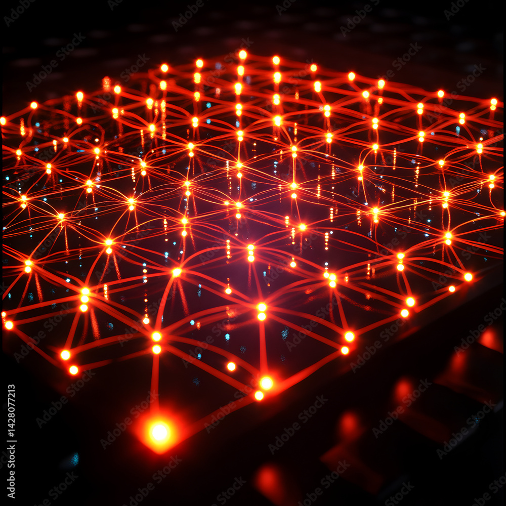 Aufkleber illuminated grid: a mesmerizing display of interconnected nodes, radiating a warm, orange glow, symb