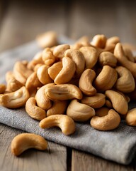 Obraz premium A close-up of roasted cashew nuts piled on a cloth napkin on a rustic wooden table.