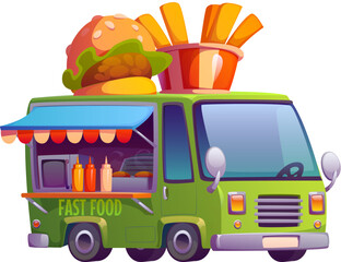 Fast food truck car, vintage festival street foodtruck van in green color with a giant burger and French fries bucket on top. Cartoon vector retro vehicle features an open cooking area, and a awning