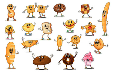Funny groovy bread and bakery desserts characters, vector cartoon pastry emoji. Groovy croissant with happy smile and funky cupcake muffin with bagel or cookie biscuit and donut cartoon characters