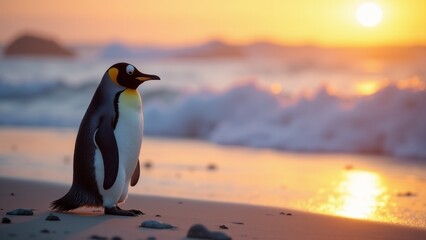 Fototapeta premium King Penguin at Sunset On Beach