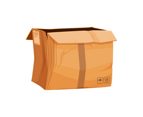 Damaged and ripped delivery cardboard box cartoon. Ripped crumpled delivery box, broken dirty isolated vector shipping parcel. Destroyed crushed cargo package cartoon or damaged wet paper container
