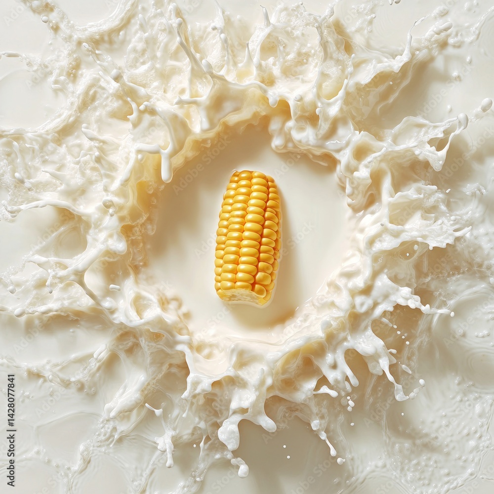 Poster Fresh Corn Cob Surrounded by Splashing Milk Drops on a White Background Creating an Eye-Catching Food Visual