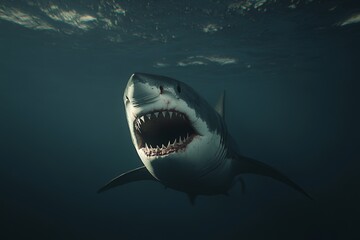 Naklejka premium A big white shark with open teeth is a dangerous marine predator in the tropical ocean reef nature
