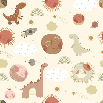 Seamless pattern with hand drawn dinosaurs, clouds and planets, stars and space sheap on pastel background. Vector illustration for kids.