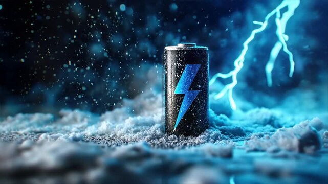 Battery with lightning bolt logo and salt particles shows electric energy spark in sodium ion batteries, na ion battery potential, and advanced technology