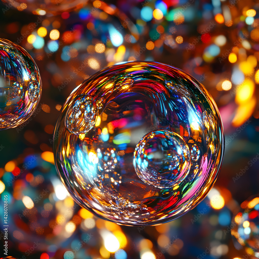 Poster the dancing of light: a captivating and close-up photograph of iridescent soap bubbles floating in a